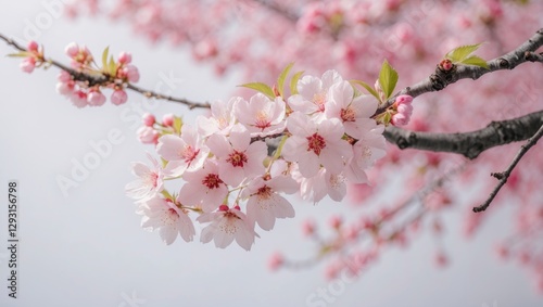 Delicate Cherry Blossom Branch with Pink Flowers Against Soft Background Ideal for Spring Themes and Copy Space for Text