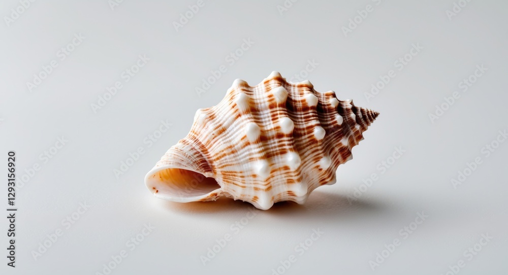 Close-up of a beautifully patterned sea shell placed on a clean white background showcasing its intricate details and natural beauty Close-up of a beautifully patterned sea shell placed on a clean white background showcasing its intricate details and natural beauty