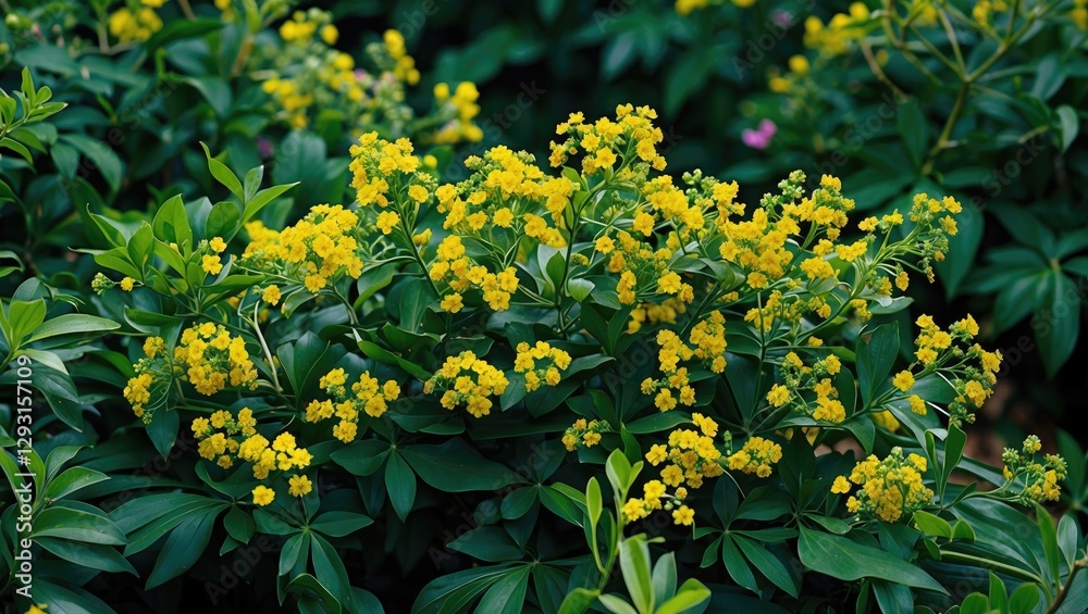 Obraz premium Vibrant yellow flowers blooming amidst rich green foliage creating a captivating contrast in a lush natural setting.