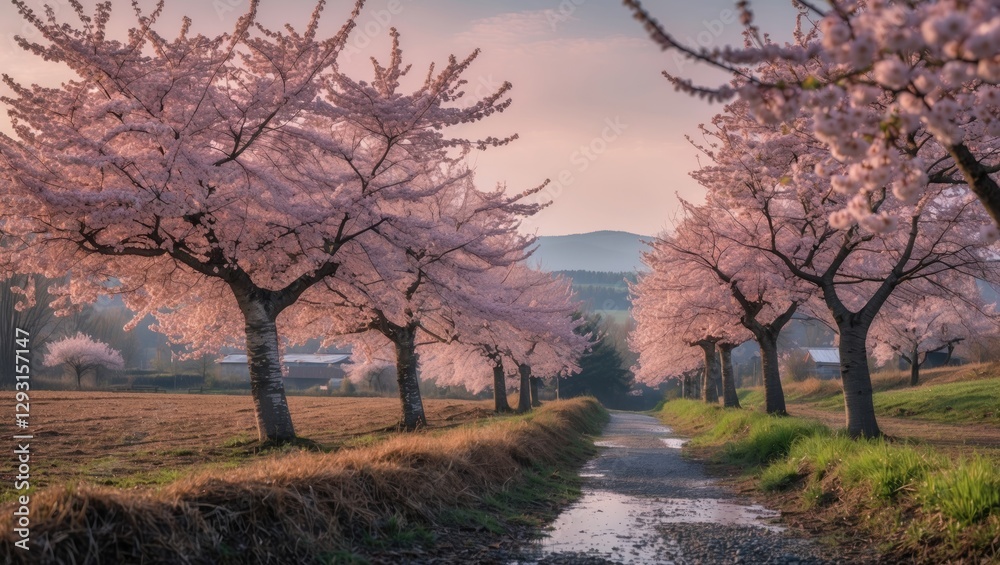 Blossoming Cherry Trees Lining a Serene Rural Pathway with Scenic Mountains in the Background during a Tranquil Spring Evening Blossoming Cherry Trees Lining a Serene Rural Pathway with Scenic Mountains in the Background during a Tranquil Spring Evening