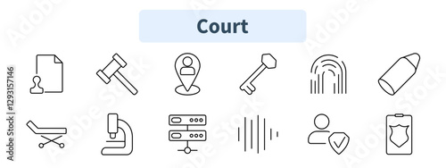 Court set icon. Legal document, gavel, location user, key, fingerprint, bullet, medical stretcher, microscope, database, sound waves, identity verification, badge