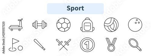 Sport set icon. Treadmill, dumbbell, soccer ball, backpack, volleyball, bowling ball, golf, baseball bat, fencing, medal, trophy, tennis racket.