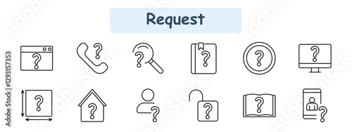 Request set icon. Browser, phone call, search, book, coin, monitor, size, home, user, unlock, open book, profile.