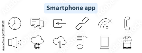 Smartphone app set icon. Clock, chat, back, link, weak signal, call, speaker, cloud, sync, music, tablet, global network.
