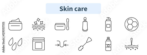 Skin care set icon. Cream, exfoliation, skincare set, serum bottle, spray, water drops, moisturizer, wrinkles, applicator, cosmetic spray, honeycomb, skin concern.