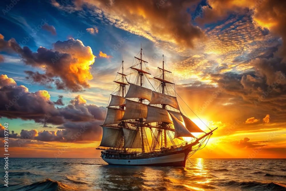 Obraz premium Majestic English Sailing Ship at Sea, Copy Space, Right Composition