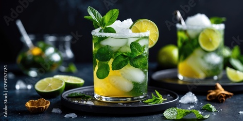 Refreshing Royal Mojito Cocktail With Mint And Lime On A Dark Background Ideal For Beverage Menus Or Summer Promotions photo