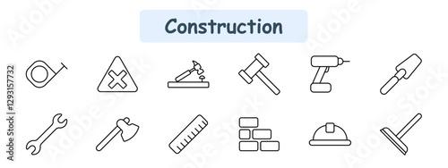 Construction set icon. Tape measure, warning sign, hammer, mallet, power drill, trowel, wrench, axe, ruler, bricks, helmet, squeegee.