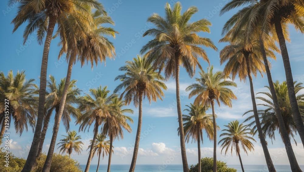 Tropical Paradise with Lush Palm Trees Against Clear Blue Sky and Tranquil Ocean Background Ideal for Travel and Wellness Themes Tropical Paradise with Lush Palm Trees Against Clear Blue Sky and Tranquil Ocean Background Ideal for Travel and Wellness Themes