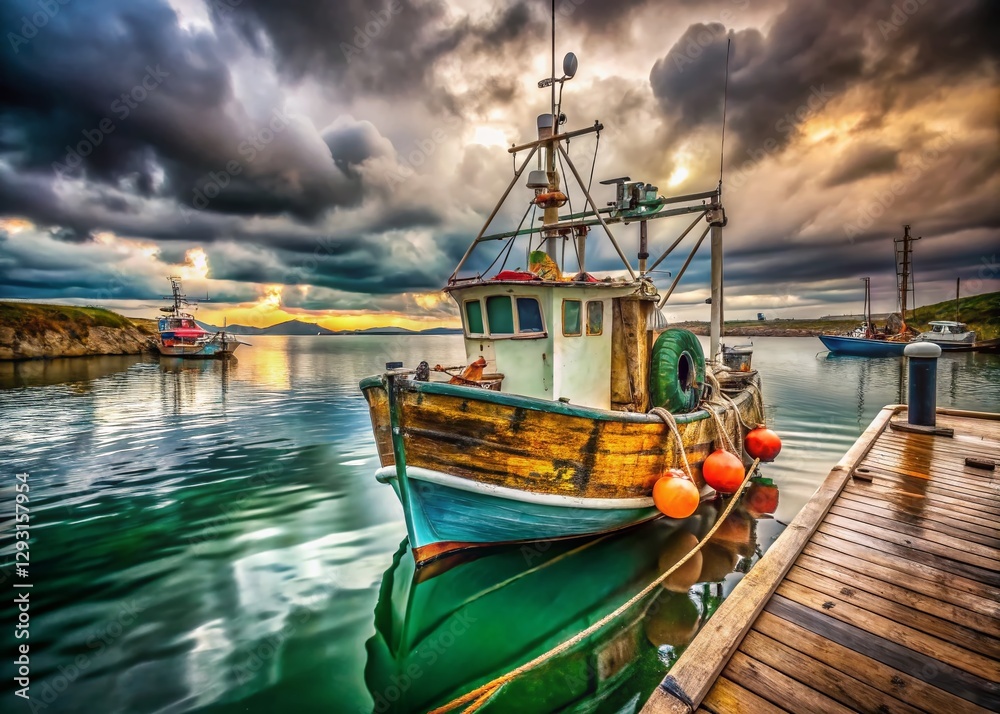 Majestic Fishing Vessel Stern at Harbor - Dramatic Ocean Scene Stock Photo Majestic Fishing Vessel Stern at Harbor - Dramatic Ocean Scene Stock Photo