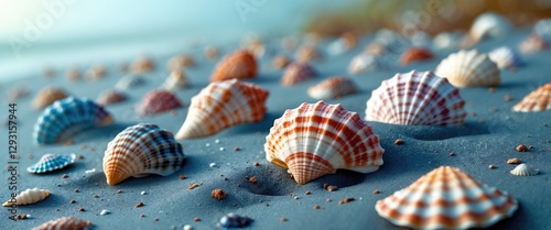 Colorful seashells scattered on gray sand with soft focus, creating a serene coastal background ideal for nature-themed projects.