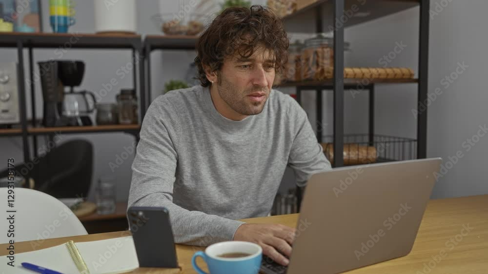 Hispanic man in office expresses worry while using laptop, surrounded by coffee, phone, notebook, and kitchen items, conveying stress and focus indoors. Hispanic man in office expresses worry while using laptop, surrounded by coffee, phone, notebook, and kitchen items, conveying stress and focus indoors.