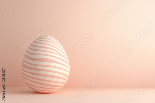 A soft peach background featuring a large Easter egg decorated with subtle pink and white stripes. The smooth, glossy texture and minimalistic design give a sophisticated, elegant vibe