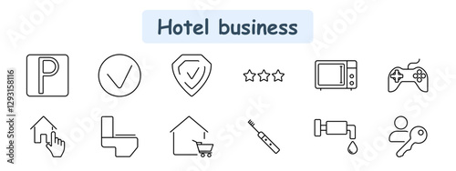 Hotel business set icon. Parking, approval, security, rating, microwave, gaming, room selection, toilet, shopping, electric toothbrush, faucet, room key.