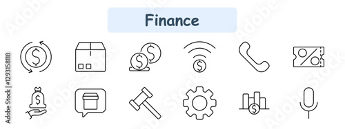 Finance set icon. Money exchange, package, coins, digital payment, call, discount, savings, auction, investment, statistics, economy, microphone.