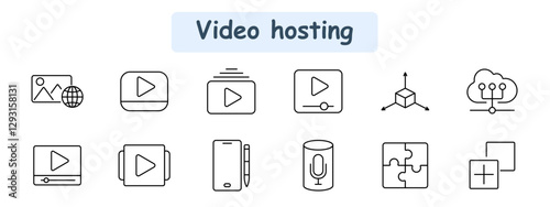 Video hosting set icon. Image sharing, video streaming, video player, 3D modeling, cloud service, playback, mobile app, playlist, digital note, voice assistant, puzzle, interface.