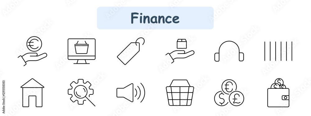Finance set icon. Euro currency, online shopping, price tag, delivery, customer support, barcode, house, settings, sound alert, marketplace, currency, wallet.
