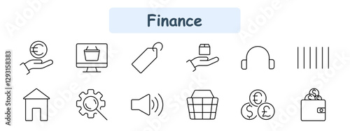 Finance set icon. Euro currency, online shopping, price tag, delivery, customer support, barcode, house, settings, sound alert, marketplace, currency, wallet.