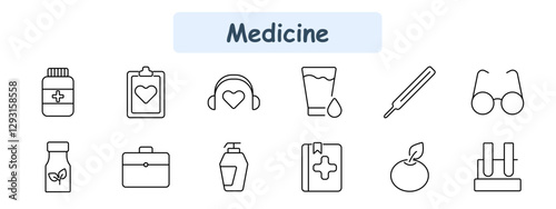 Medicine set icon. Medicine bottle, health clipboard, heart monitoring, hydration, thermometer, glasses, herbal medicine, briefcase, sanitizer, medical book, fruit, microscope.