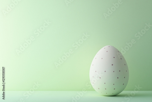 A minimalist pastel green background with a white Easter egg placed in the foreground. The egg has a smooth texture, emphasizing simplicity and elegance