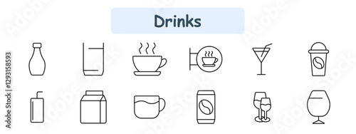 Drinks set icon. Water bottle, glass, hot coffee, cafe sign, cocktail, iced coffee, juice box, milk carton, cup of milk, canned coffee, wine glasses, brandy glass.