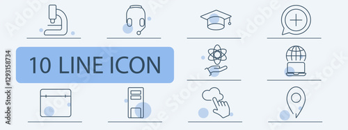 Technology and education set icon. Microscope, headset, graduation cap, positive feedback, atom in hand, global laptop, calendar, server, cloud storage, location pin.