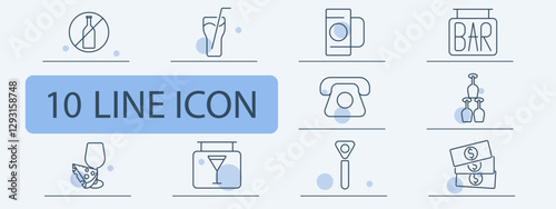 Bar and drinks set icon. No alcohol, cocktail, coffee cup, bar sign, telephone, champagne tower, wine and cheese, martini glass, bottle opener, money stack.