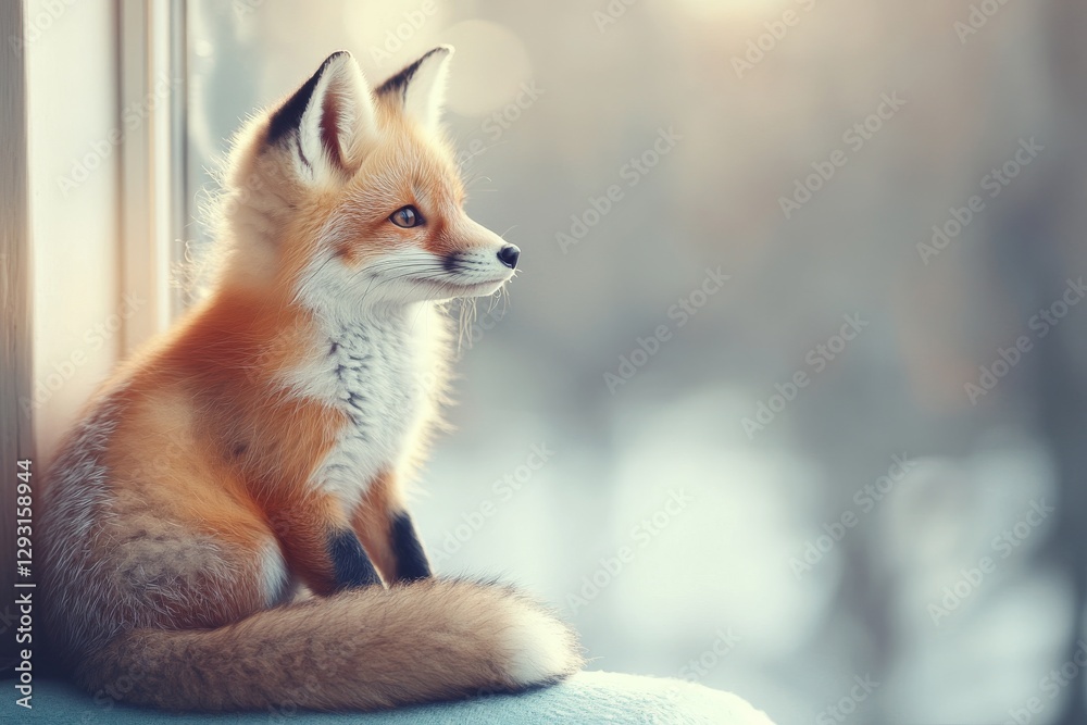Obraz premium Charming young fox sitting by the window, warmly illuminated in soft morning light