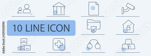 Finance and security set icon. Family, government, document, surveillance, secured folder, locked house, storage, medical, handcuffs, gold bars.