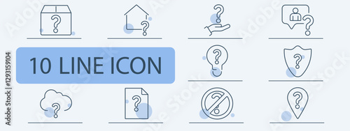Questions and uncertainty set icon. Mystery box, unknown house, decision, identity, security, cloud doubt, document, problem-solving, restriction, location.