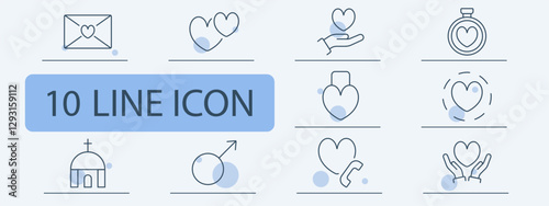 Love and commitment set icon. Love letter, hearts, caring, stopwatch, relationship lock, romance, wedding, marriage, dating call, protection.