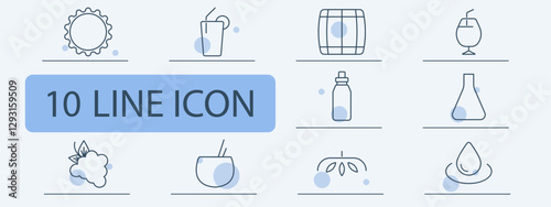 Organic drinks set icon. Juice, cocktail, wine barrel, herbal extract, glass bottle, natural beverage, coconut drink, grapes, plant-based liquid, hydration.