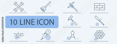 Construction set icon. Tools, plunger, pickaxe, bricks, hammer, screwdriver, drill, compass, wall building, masonry work.