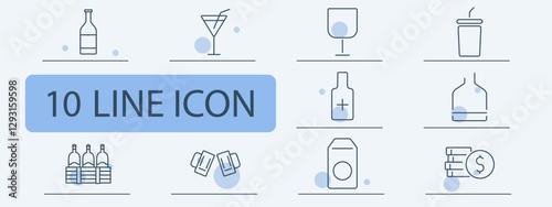 Alcohol set icon. Wine bottle, martini, whiskey, soft drink, distilled beverage, liquor storage, beer crate, cheers, alcohol price, drink economy.