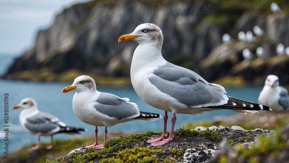 Obraz premium Seagulls Resting on Rocky Shoreline with Ocean and Cliffs in Background in a Coastal Landscape Scene