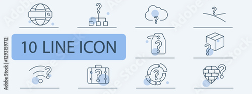 Mystery set icon. Global search, unknown hierarchy, cloud uncertainty, decision crossroad, unidentified tag, mystery package, weak signal, secret suitcase, unknown data, security doubt.