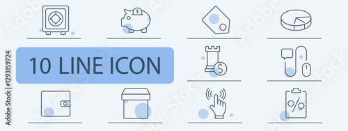 Finance set icon. Safe deposit, piggy bank, discount tag, investment strategy, pie chart, financial planning, digital transactions, online payment, economic report, cashback system.