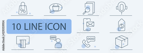 E-commerce set icon. Shopping bag, order discussion, document search, headset, smartphone message, price tag, ATM, customer chat, phone call, package.
