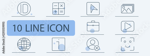 Business set icon. Identification, calculator, navigation, briefcase, gallery, play button, globe, information sign, denied user, face recognition.