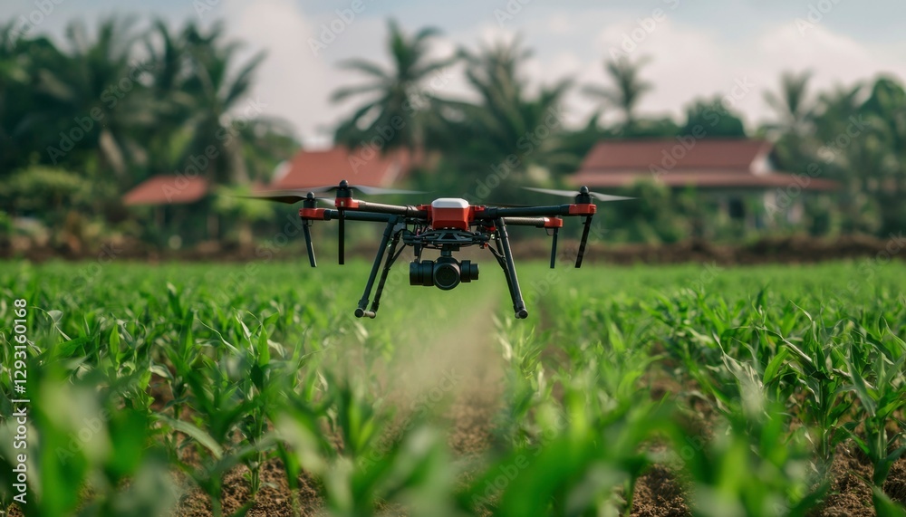 Drone surveying crops in a green field near rural houses Drone surveying crops in a green field near rural houses