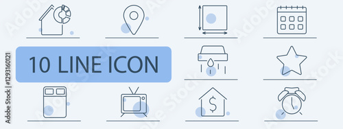 Home set icon. House statistics, location, measurement, calendar, air conditioning, star, bed, television, real estate, alarm clock.