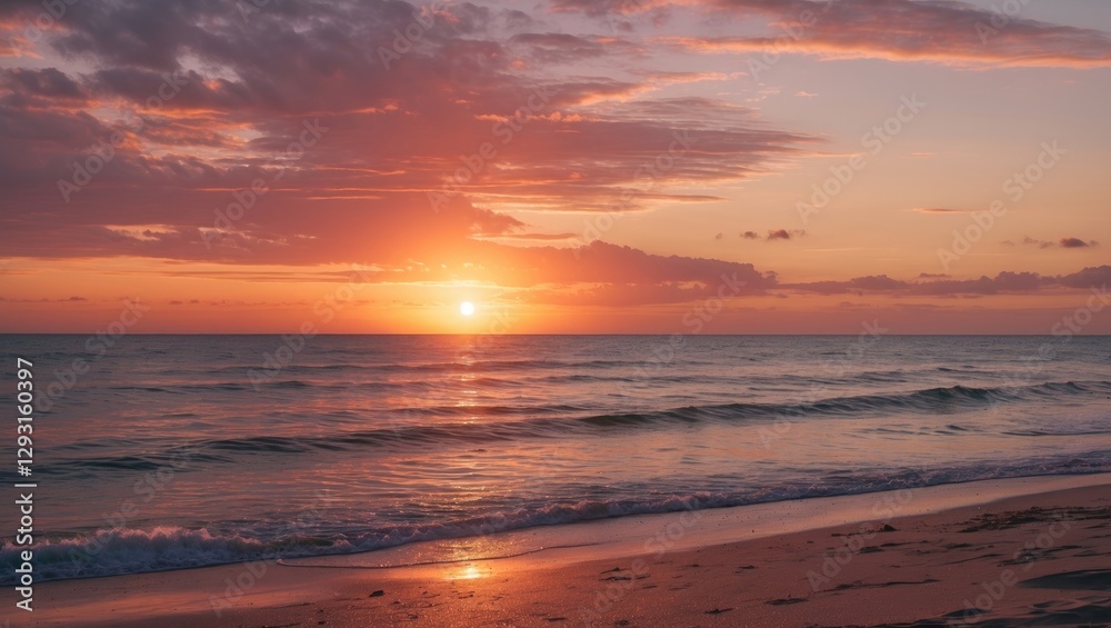 Tranquil Beach Sunset with Warm Hues Reflecting on Calm Ocean Waves Creating a Serene Evening Atmosphere. Tranquil Beach Sunset with Warm Hues Reflecting on Calm Ocean Waves Creating a Serene Evening Atmosphere.