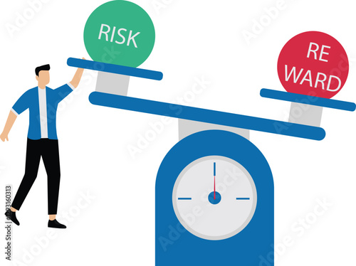 Risk vs reward balance on the seesaw scale, businessman lifts up risk higher than reward words, improving reward and risk ratio in business, reward greater than risk