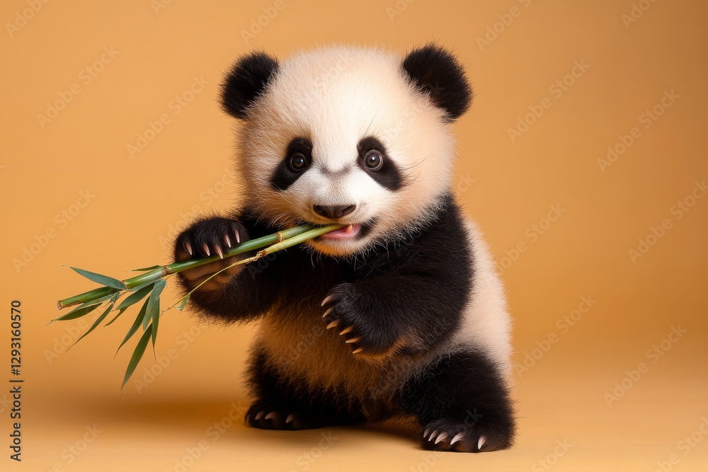 Fototapeta premium Cute panda cub enjoys munching on bamboo against a warm background