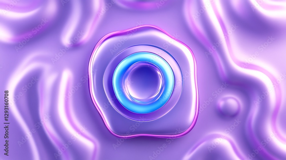 Abstract futuristic design featuring glowing ring surrounded by smooth, colorful liquid shapes in purple hue
