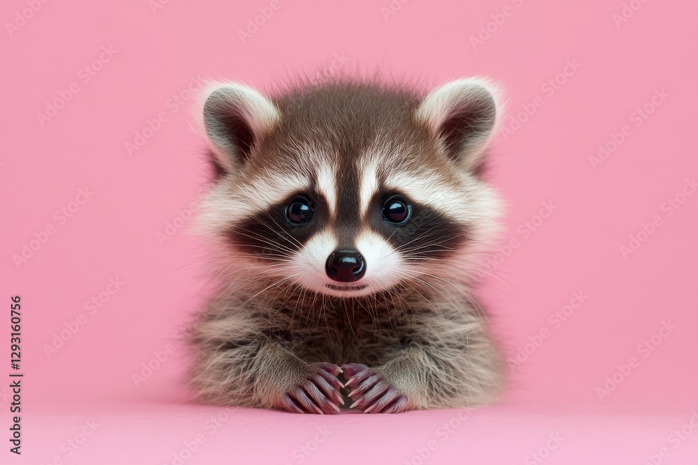 Adorable raccoon cub resting with paws together against a pink background, exuding charm and curiosity Adorable raccoon cub resting with paws together against a pink background, exuding charm and curiosity