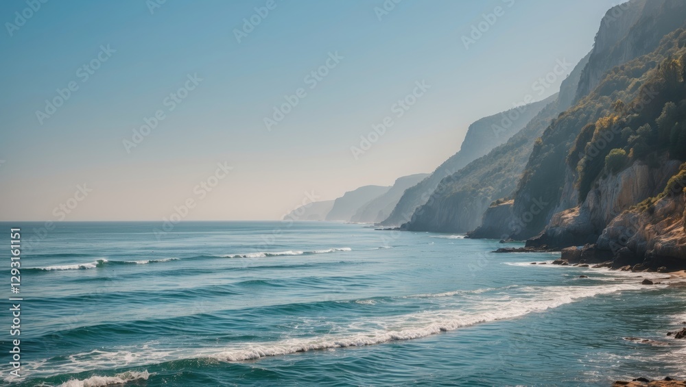 Coastal Landscape with Calm Blue Ocean Waves Under Clear Skies and Majestic Cliffs in the Background Coastal Landscape with Calm Blue Ocean Waves Under Clear Skies and Majestic Cliffs in the Background