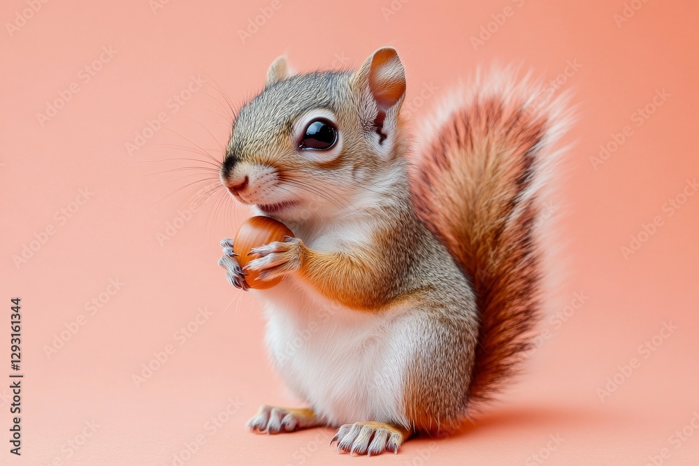 Squirrel holding a small nut with bright fur on a peach background in a playful pose