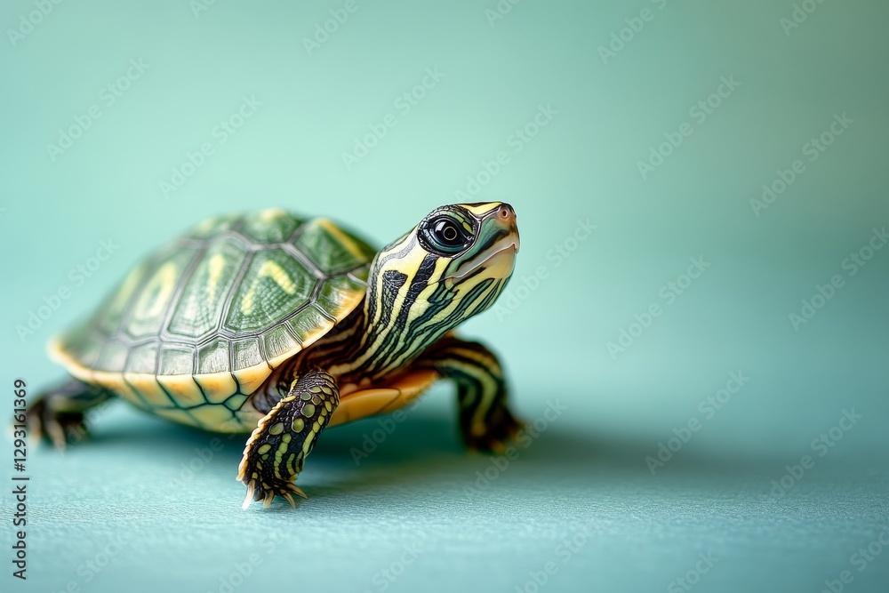 Obraz premium Colorful turtle exploring a smooth surface in a calm indoor environment during natural light