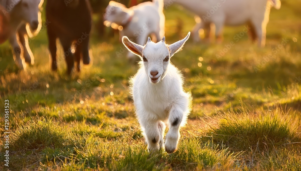 Playful Baby Goat Frolics among Wildlife in a Lush Meadow, Radiating Joy and Vitality with an Aura of Serenity and Abundance. Playful Baby Goat Frolics among Wildlife in a Lush Meadow, Radiating Joy and Vitality with an Aura of Serenity and Abundance.